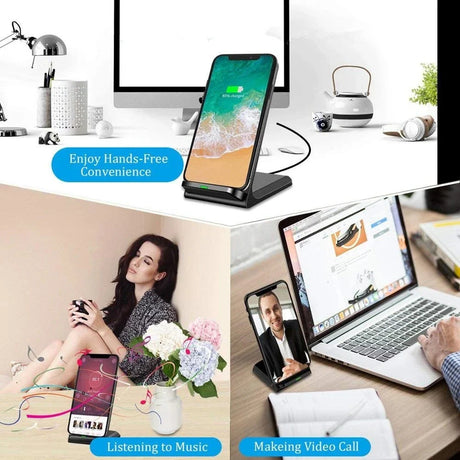 Wireless charging stand for smartphones with multiple usage scenarios depicted.