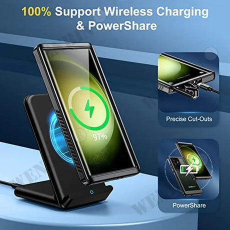 Wireless charging stand for smartphones with PowerShare capability and precise cutouts.