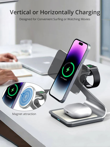 Wireless charging stand for smartphones and smartwatches with vertical and horizontal positioning options.