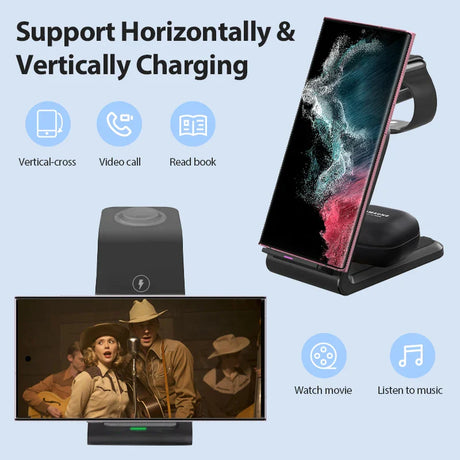 Wireless charging stand for smartphones that supports both horizontal and vertical charging orientations.