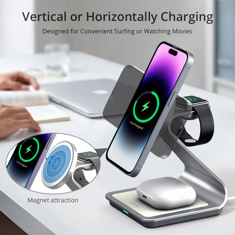 Wireless charging stand for smartphones with vertical and horizontal positioning options.