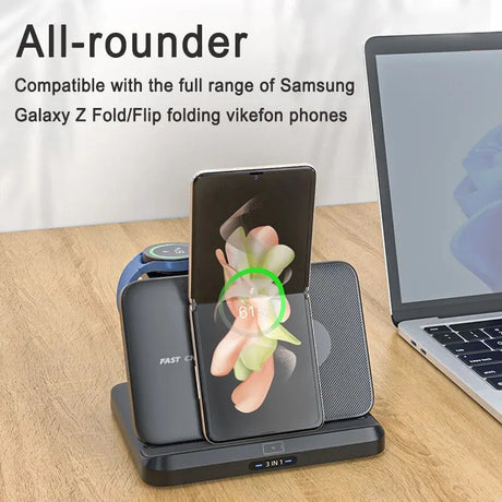 Wireless charging station compatible with Samsung Galaxy Z Fold/Flip phones.