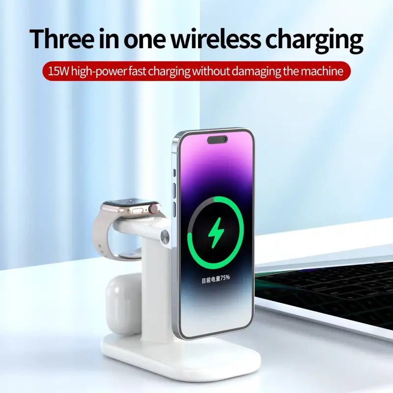 The wireless charging station is on a desk