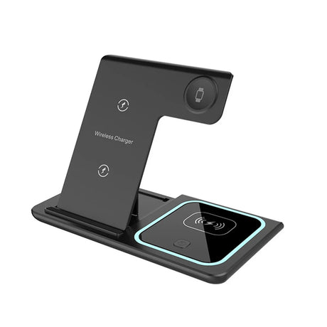 Wireless charging station with multiple device support for smartphones and smartwatches.