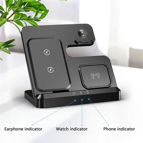 Wireless charging station with multiple device indicators and compartments for earphones, smartwatch, and smartphone.