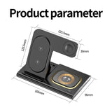 Wireless charging station with multiple device slots and dimensional measurements labeled.