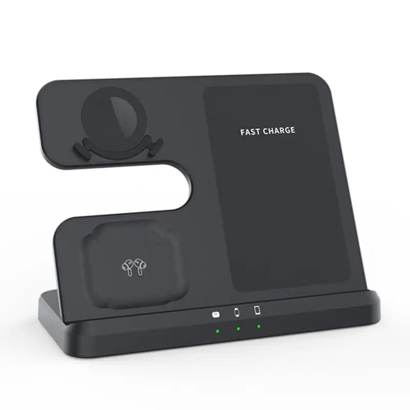 Wireless charging station with multiple device slots and ’Fast Charge’ label.