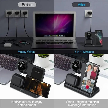 Wireless charging station with multiple device slots and viewing orientations.