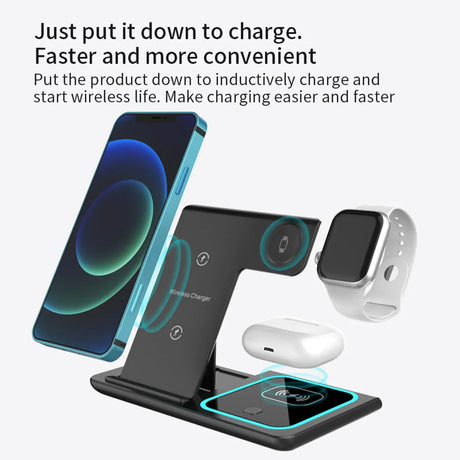 Wireless charging station for multiple devices including a smartphone, smartwatch, and wireless earbuds.