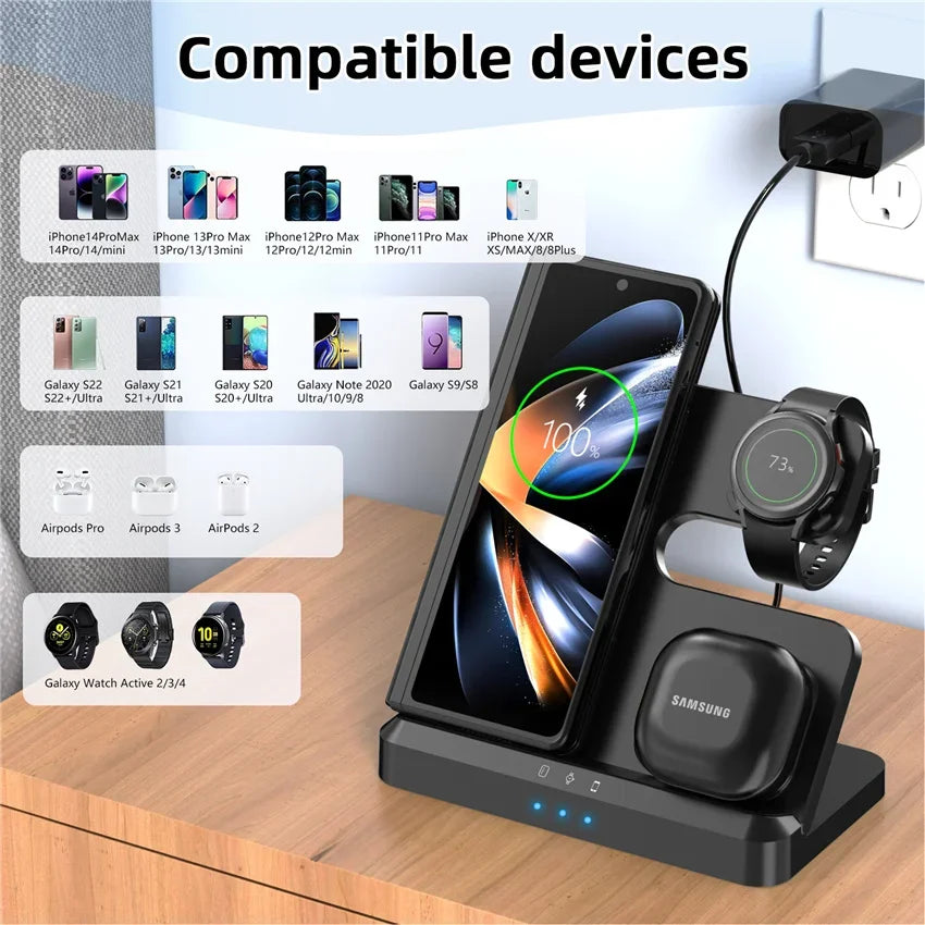 Wireless charging station for multiple devices including smartphones, smartwatches, and earbuds.