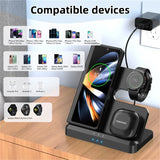 Wireless charging station for multiple devices including smartphones, smartwatches, and earbuds.