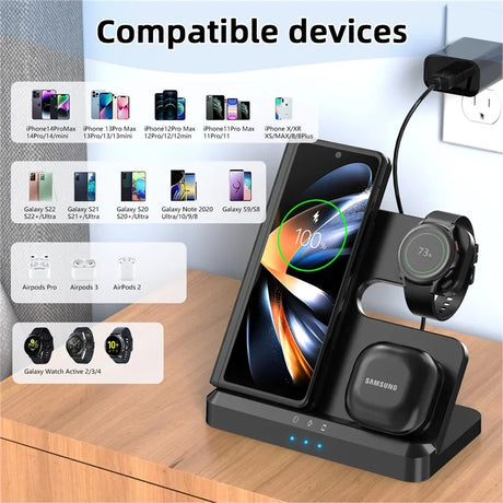 Wireless charging station for multiple devices including smartphones, smartwatches, and earbuds.