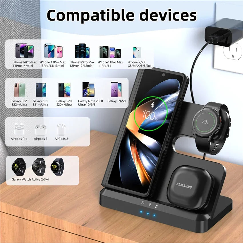 100W 3in1 Qi Wireless Super Fast Charger Stand For Apple & Samsung - Power Delivery PD Phone Watch Earpods Charger