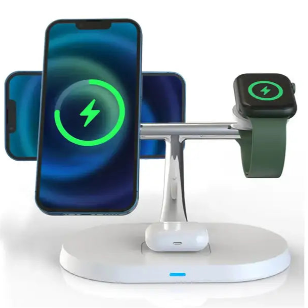 Wireless charging station for multiple devices including smartphones and a smartwatch.