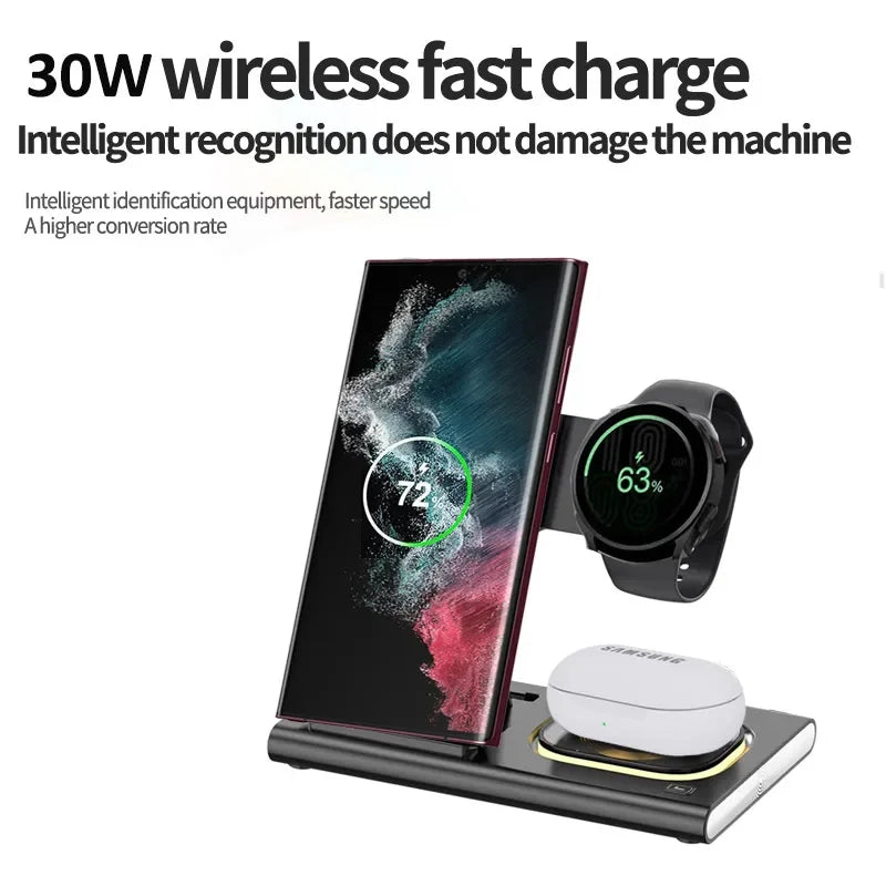 Wireless charging station for multiple devices, including a smartphone, smartwatch, and earbuds case.