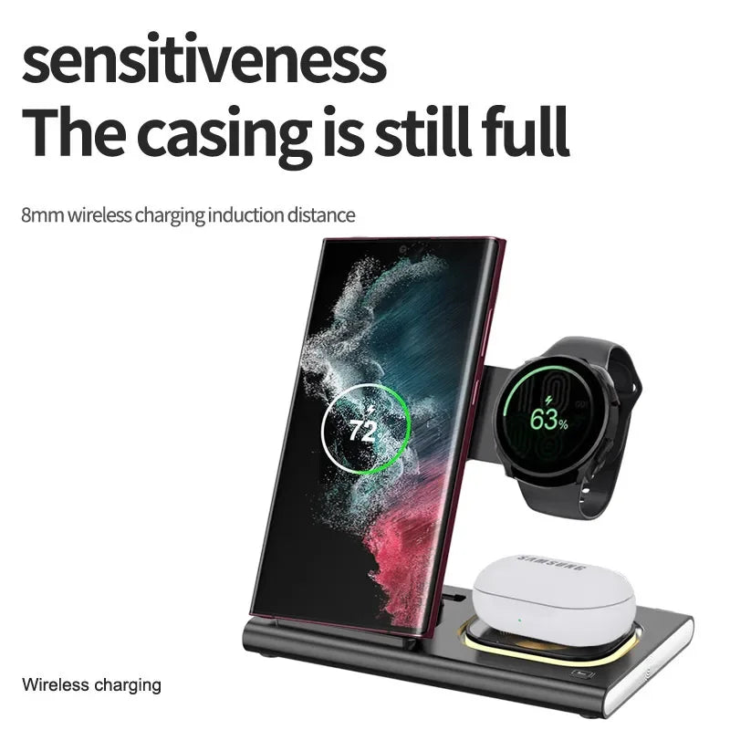 Wireless charging station for multiple devices including a smartphone, smartwatch, and earbuds case.