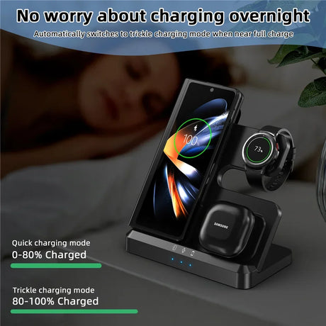 Wireless charging station for a smartphone, smartwatch, and earbuds.