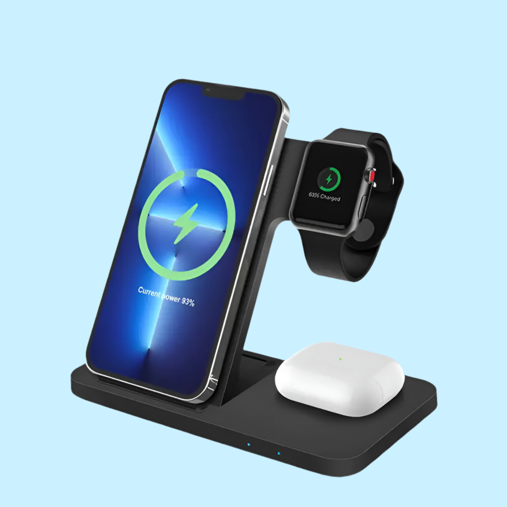 Wireless charging station for smartphone, smartwatch, and earbuds.