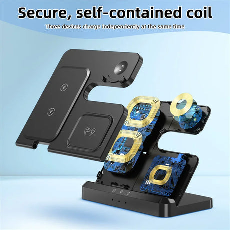 Wireless charging station with three separate coils for simultaneous device charging.