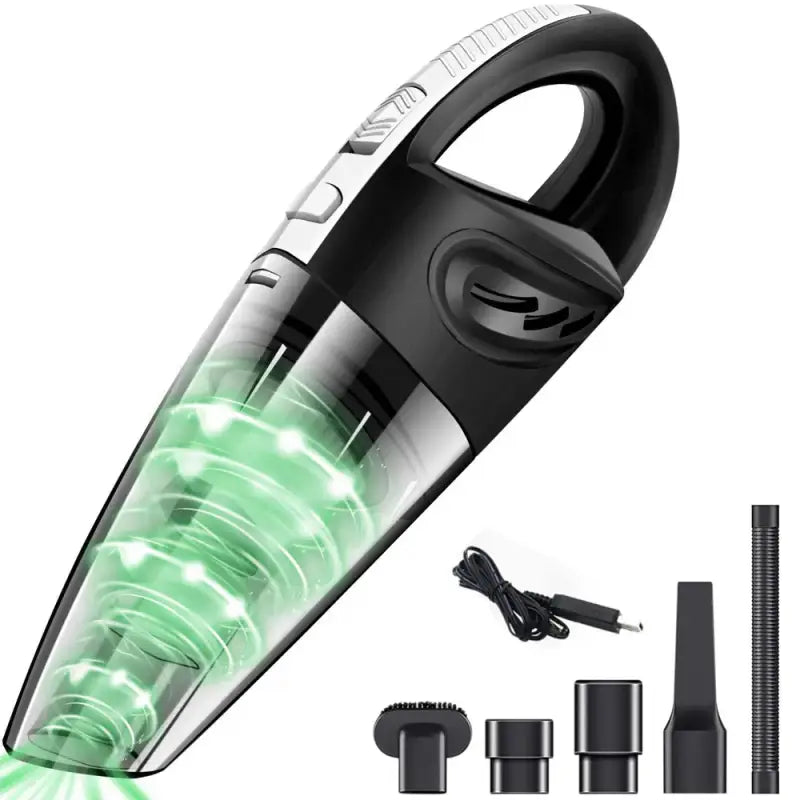 a green and black vacuum cleaner with a green light