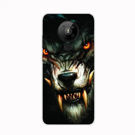 a close up of a cell phone case with a wolf face