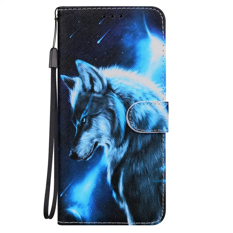 a wolf wallet case with a blue background