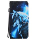 a wolf wallet case with a blue background