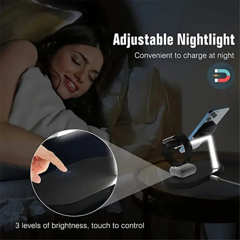 A woman laying in bed with a night light