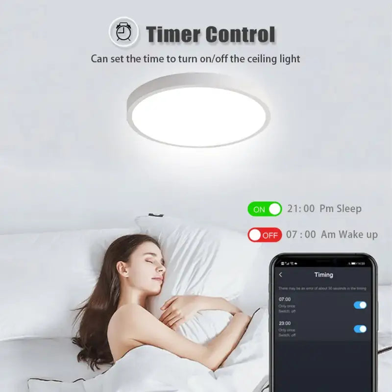 a woman laying in bed with a smart light