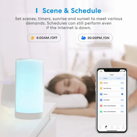 A woman laying on a bed with a smart night light