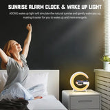 a woman is waking on her bed with the sun light