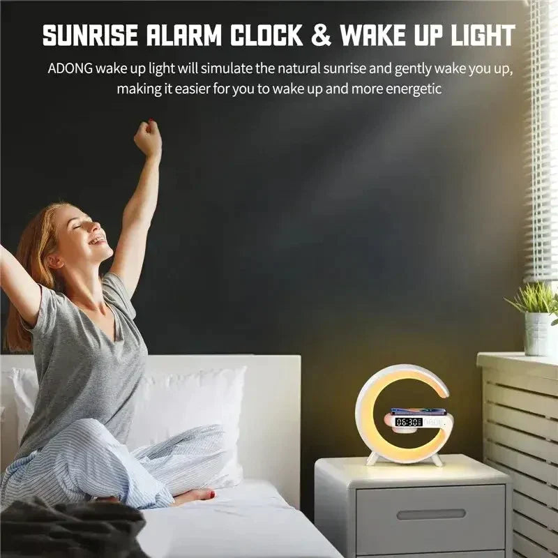 a woman is waking on her bed with the sunbeam alarm light