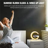 A woman is waking on her bed with the sunbeam alarm light