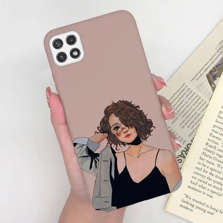 a woman holding a phone case with a picture of her