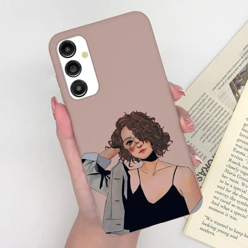 a woman holding a phone case with a picture of her