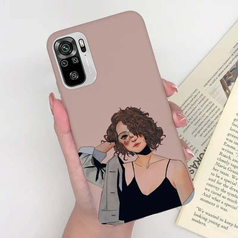 a woman holding a phone case with a picture of her