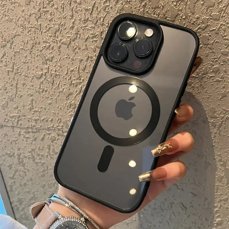a woman holding a black iphone case with a lock on it