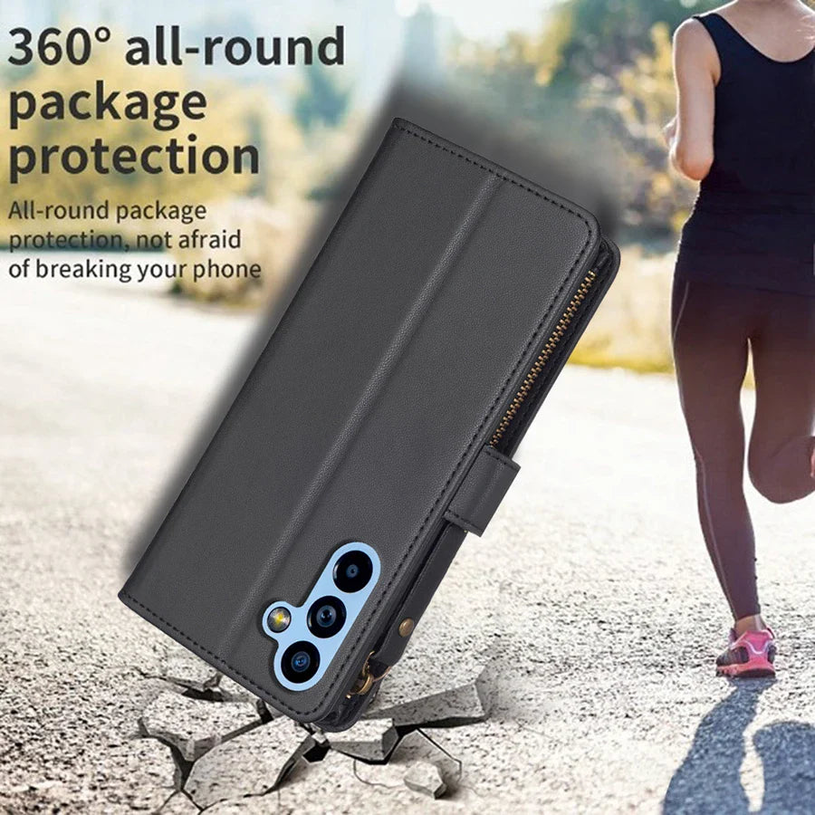 a woman running with a black phone case