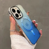 a woman holding a blue iphone case