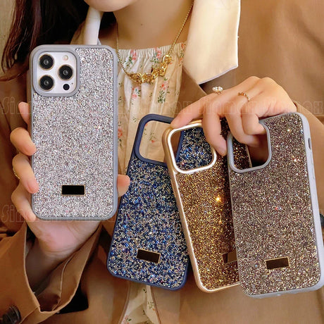there is a woman holding a cell phone case with glitter on it