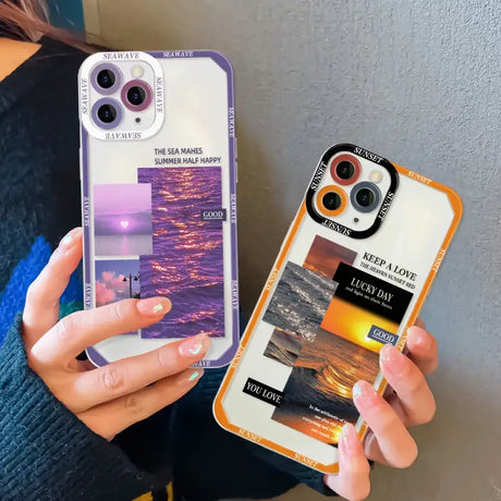 A woman holding a cell phone case with a photo of the ocean