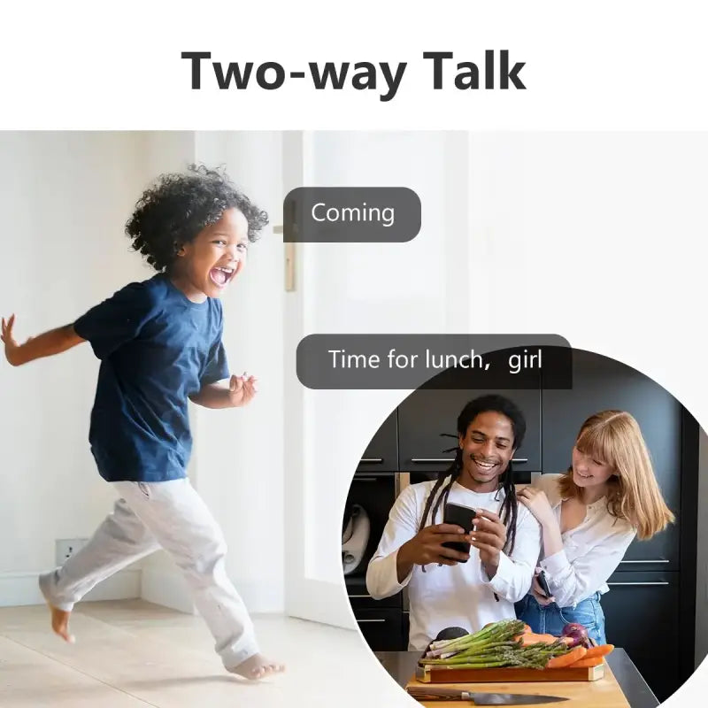 A woman and child are running around a table