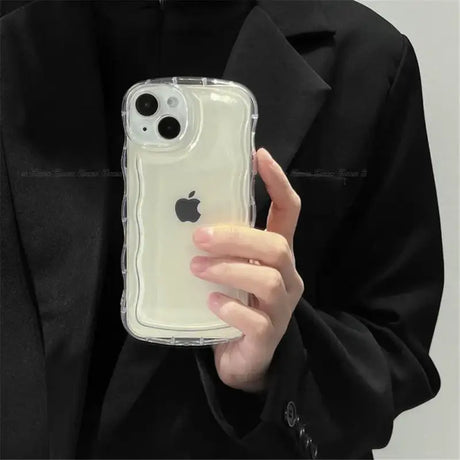 A woman holding a clear case with a white background