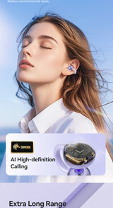 Woman with closed eyes wearing wireless earbuds, her hair blowing in the wind.