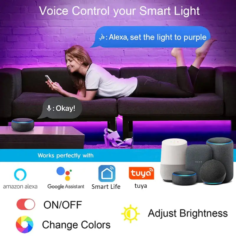 A woman laying on a couch with a smart light