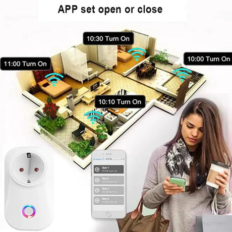 A woman is holding a cup and looking at a smart home security system