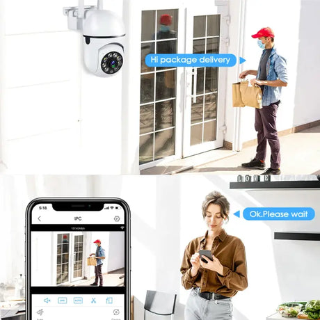 A woman standing in front of a door with a smart camera