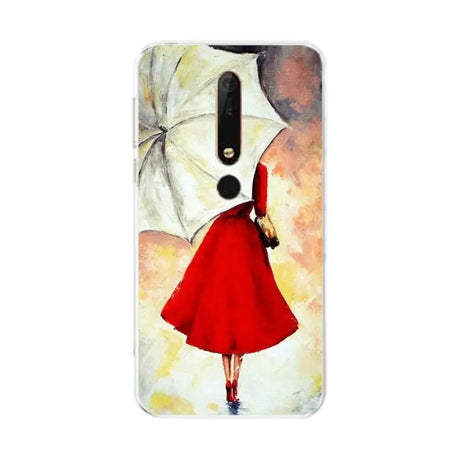 a woman with an umbrella phone case