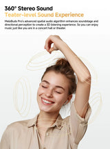 Smiling woman with earbuds.