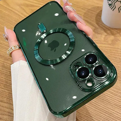 A woman holding a green iphone case